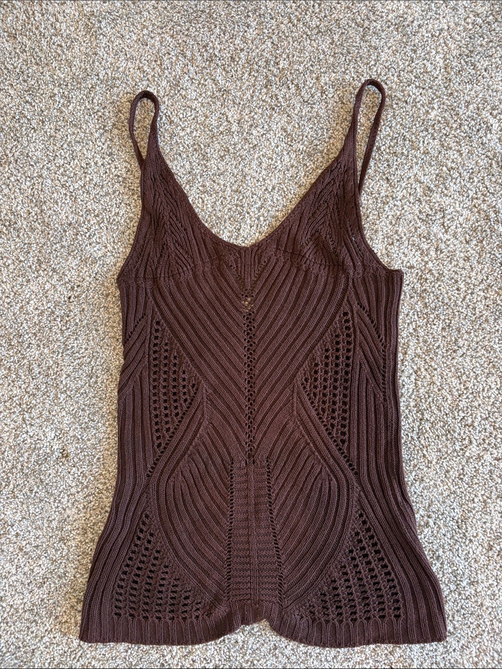 Zara Brown Knit Crochet-Detail Tank Top 100% Cotton Size Medium